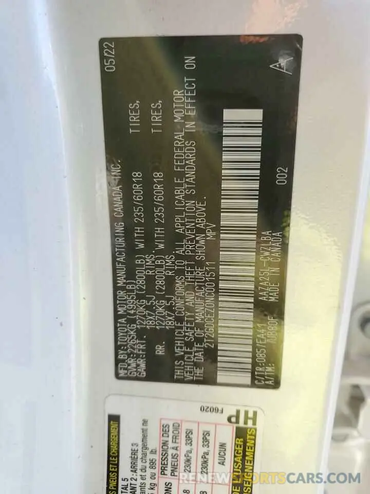 12 Photograph of a damaged car 2T2GDCEZ0NC001511 LEXUS NX 250 2022