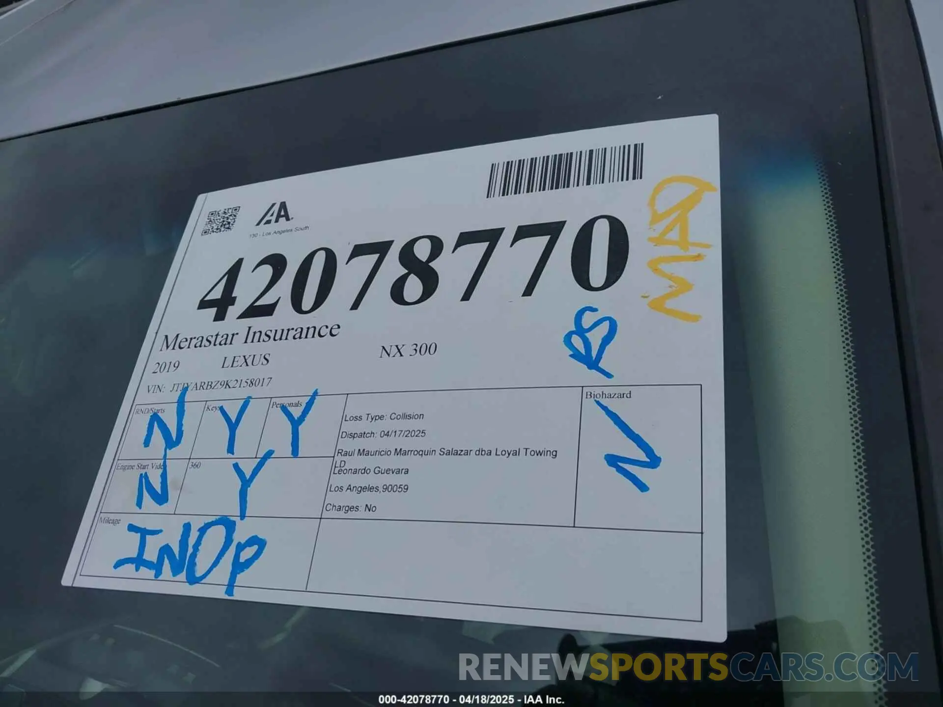 19 Photograph of a damaged car JTJYARBZ9K2158017 LEXUS NX 300 2019