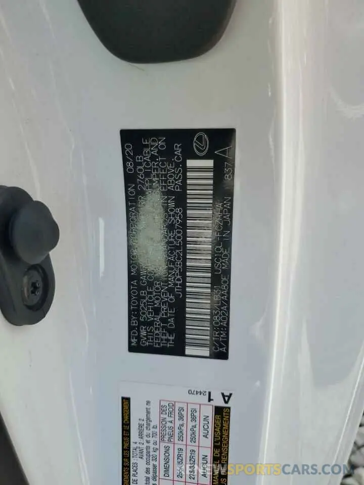 12 Photograph of a damaged car JTHDP5BC2L5007958 LEXUS RC 2020