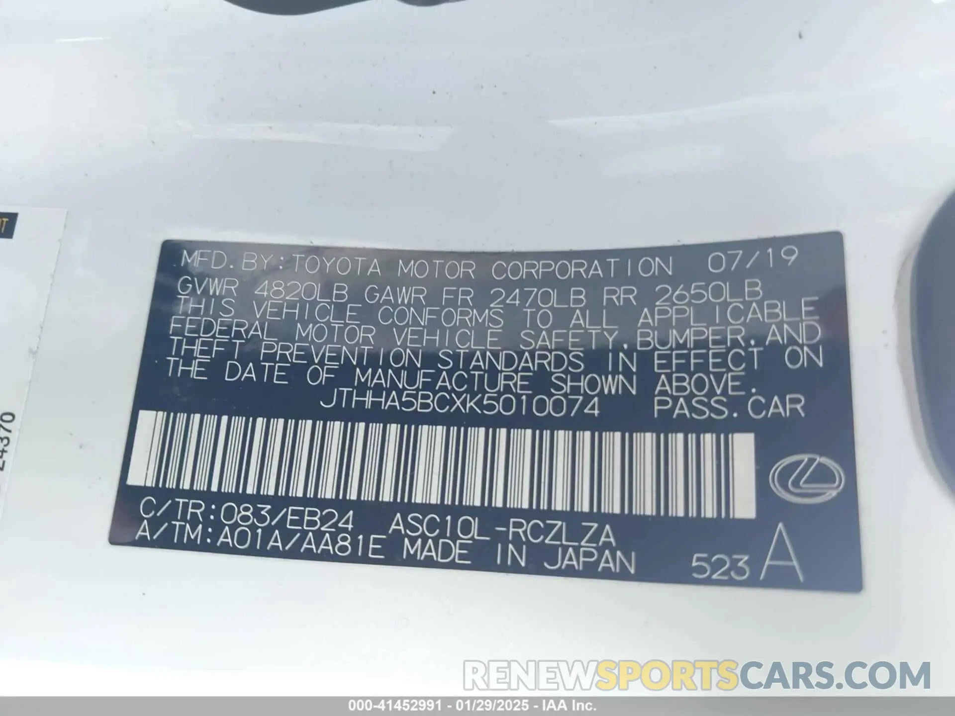 9 Photograph of a damaged car JTHHA5BCXK5010074 LEXUS RC 300 2019