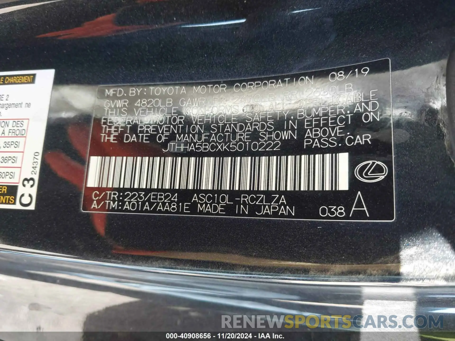 9 Photograph of a damaged car JTHHA5BCXK5010222 LEXUS RC 300 2019