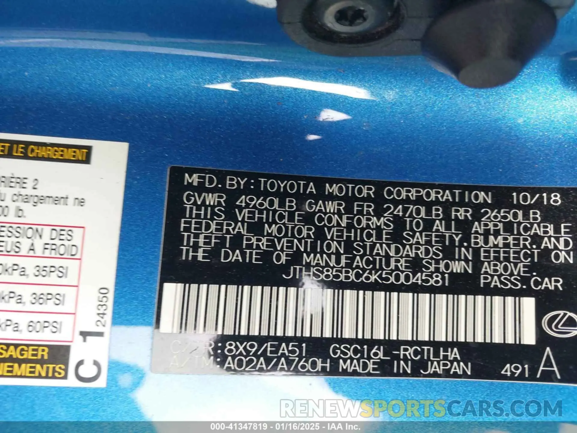 9 Photograph of a damaged car JTHS85BC6K5004581 LEXUS RC 300 2019