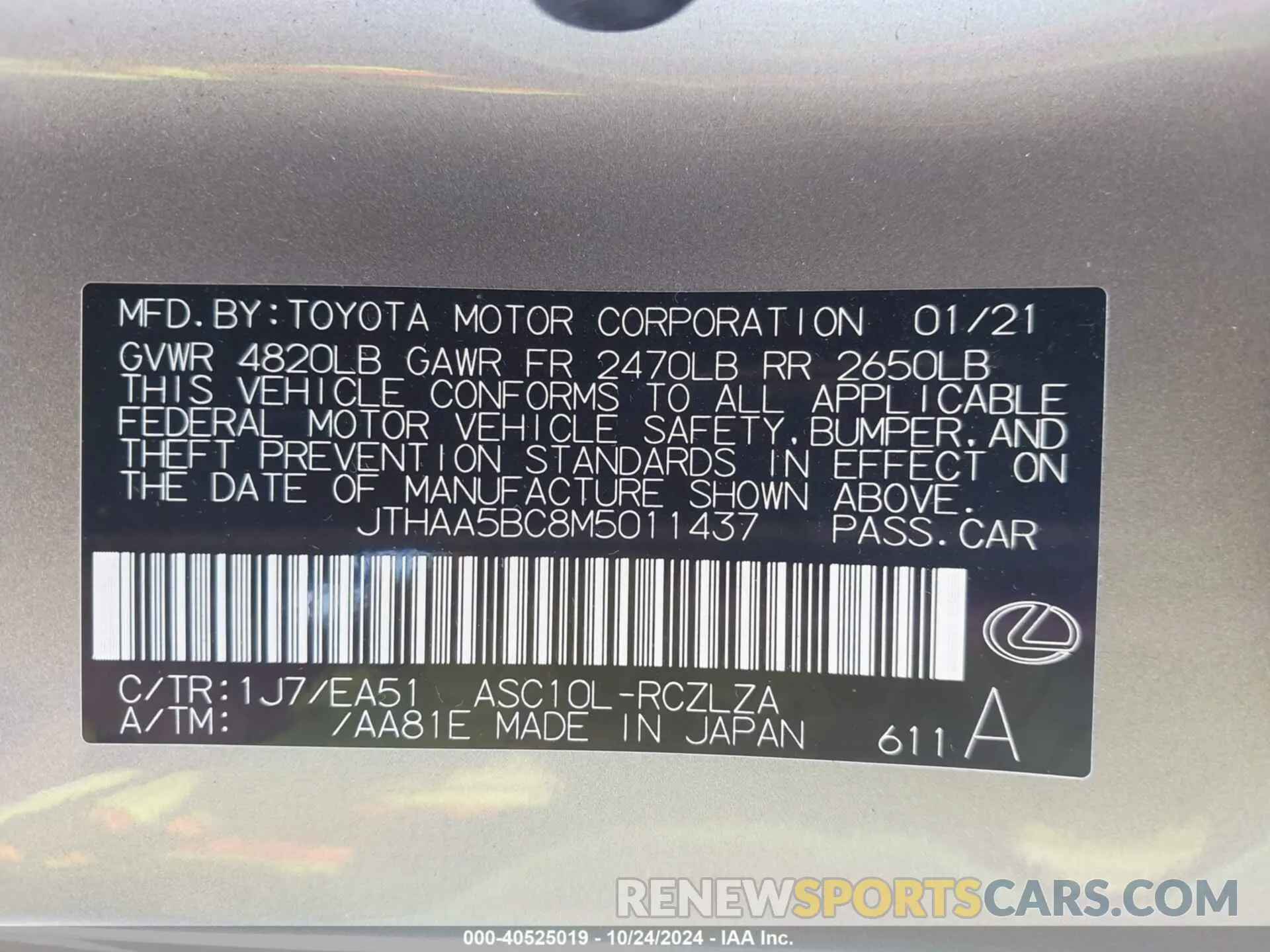 9 Photograph of a damaged car JTHAA5BC8M5011437 LEXUS RC 300 2021