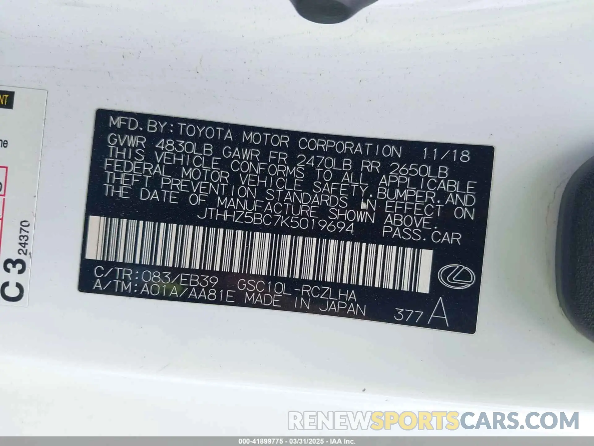 9 Photograph of a damaged car JTHHZ5BC7K5019694 LEXUS RC 350 2019