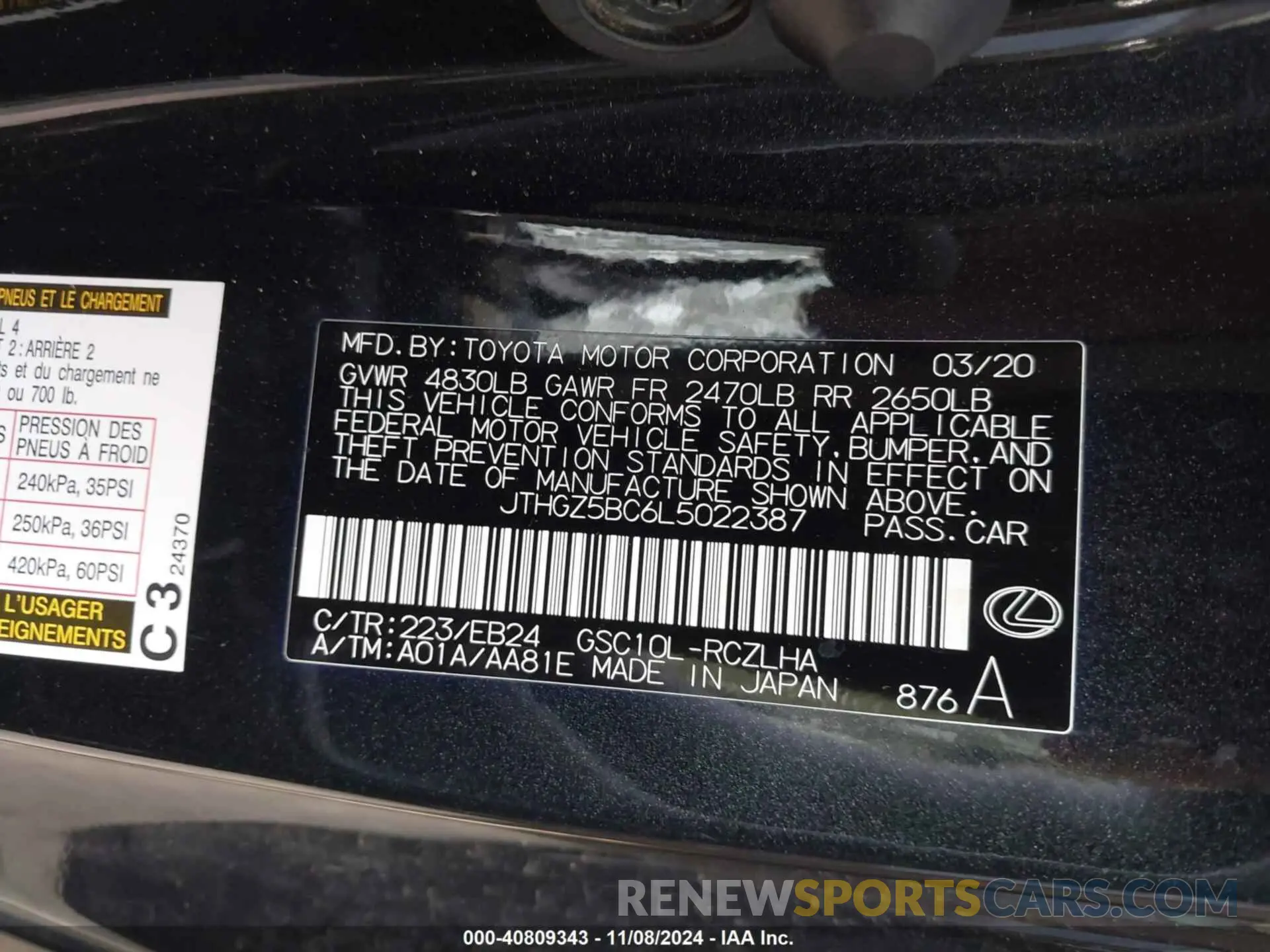 9 Photograph of a damaged car JTHGZ5BC6L5022387 LEXUS RC 350 2020