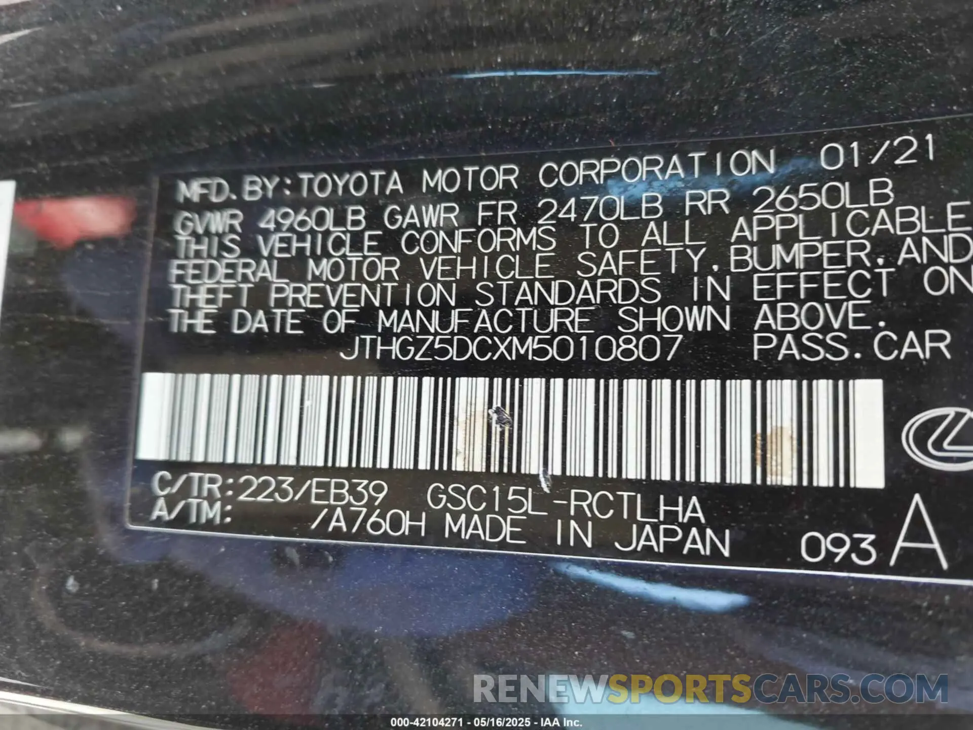 9 Photograph of a damaged car JTHGZ5DCXM5010807 LEXUS RC 350 2021