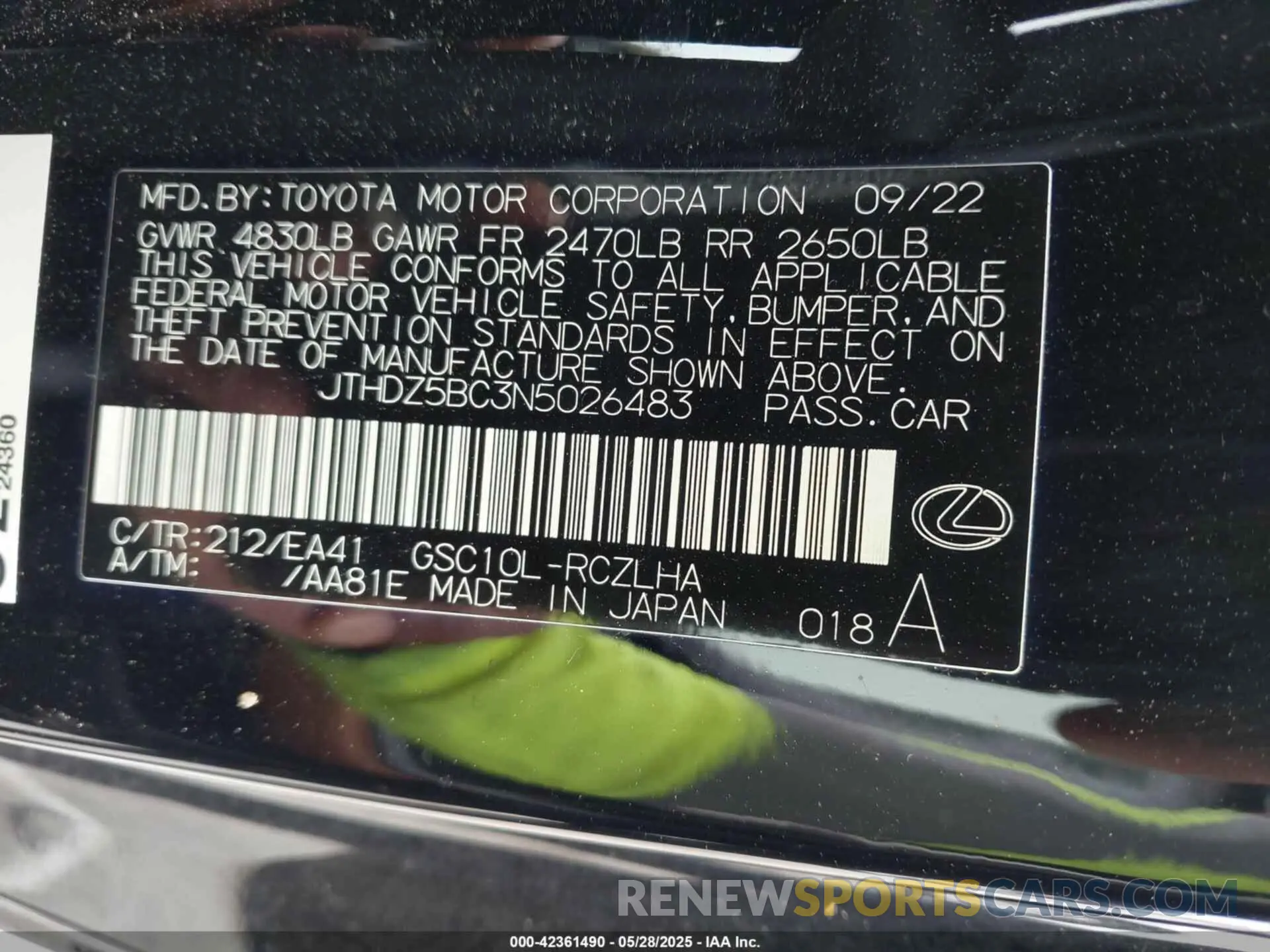 9 Photograph of a damaged car JTHDZ5BC3N5026483 LEXUS RC 350 2022