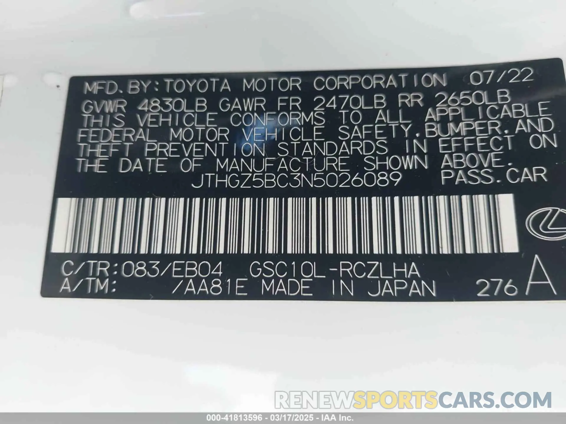 9 Photograph of a damaged car JTHGZ5BC3N5026089 LEXUS RC 350 2022