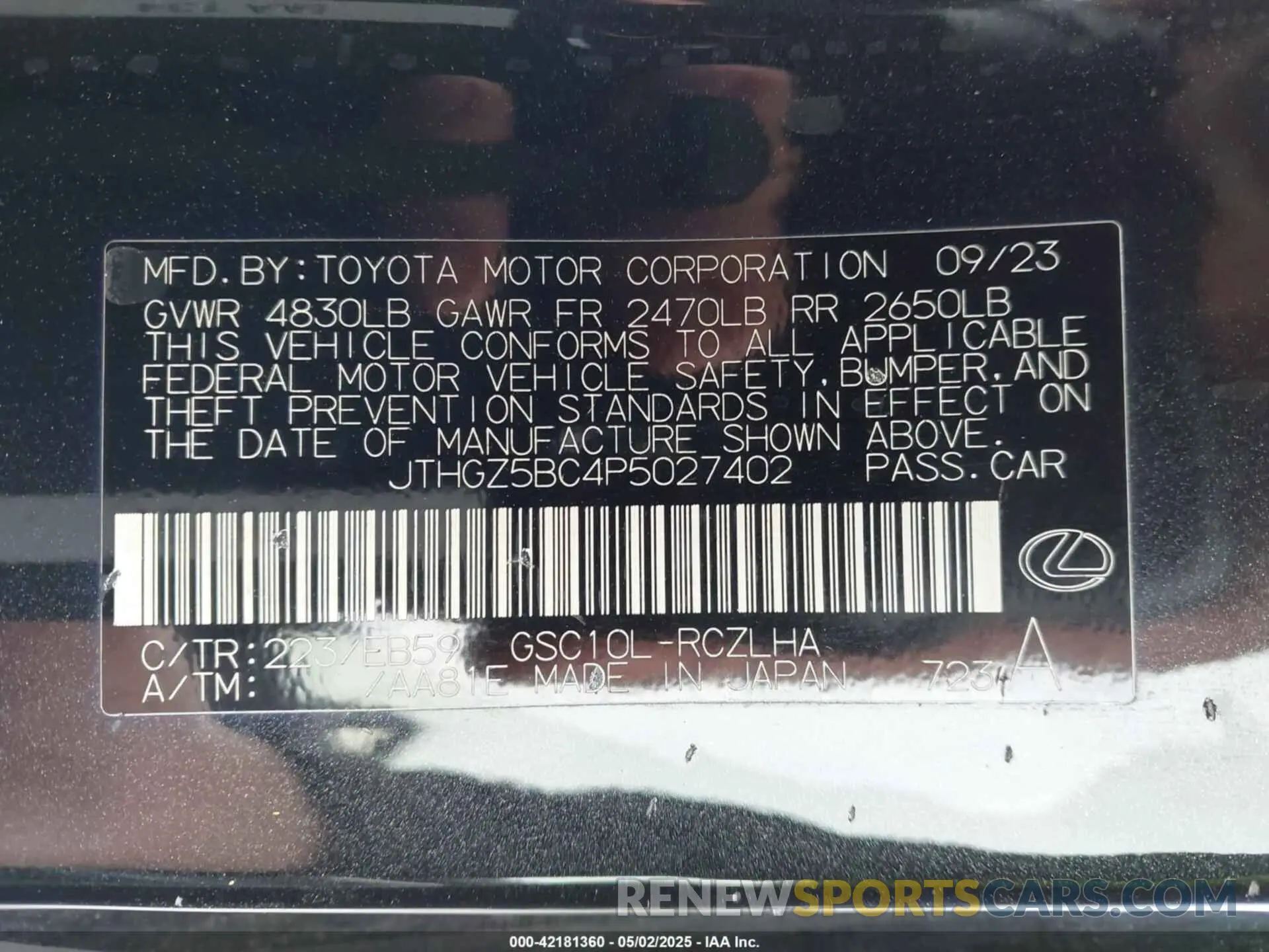 9 Photograph of a damaged car JTHGZ5BC4P5027402 LEXUS RC 350 2023