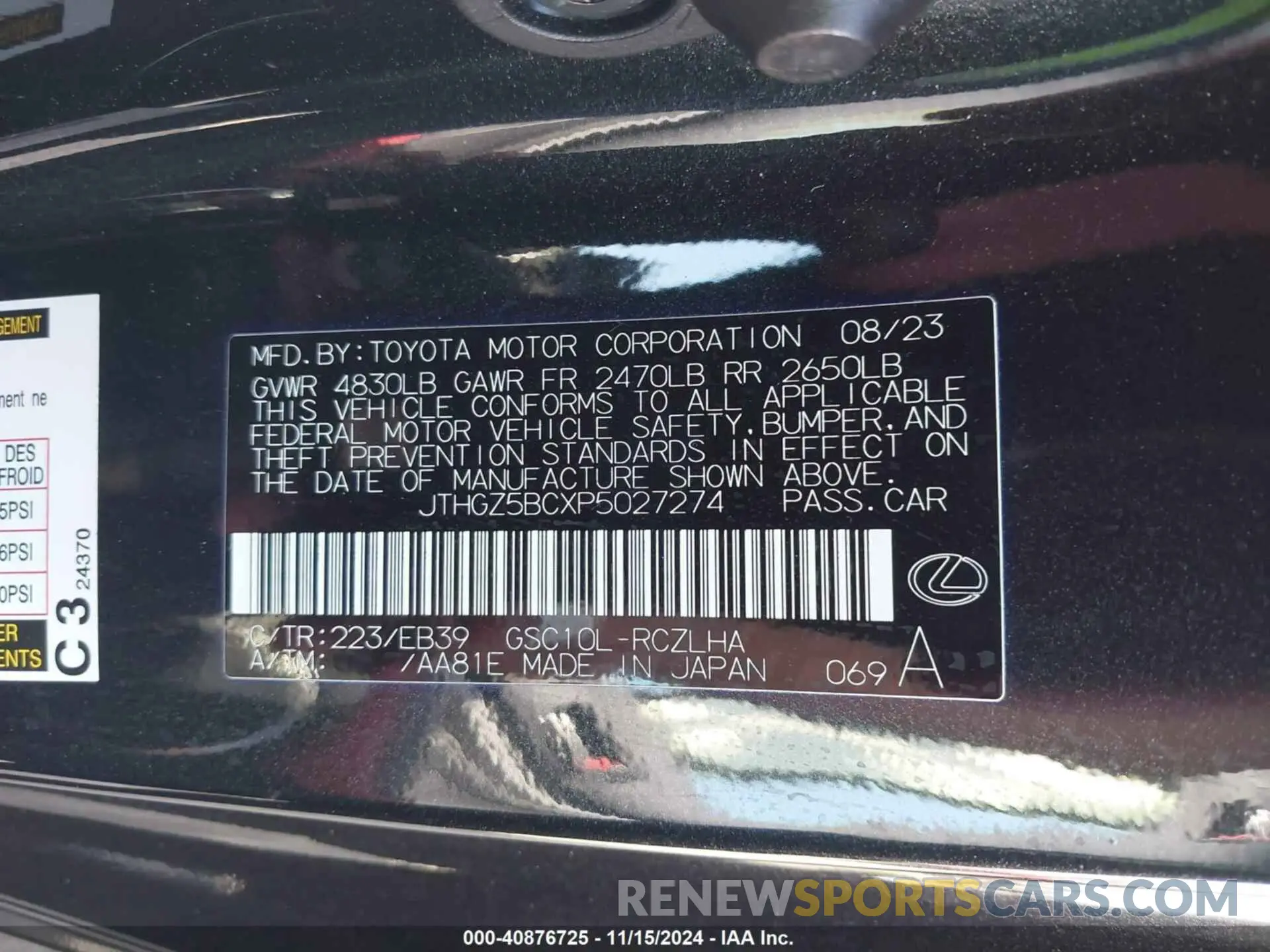 9 Photograph of a damaged car JTHGZ5BCXP5027274 LEXUS RC 350 2023