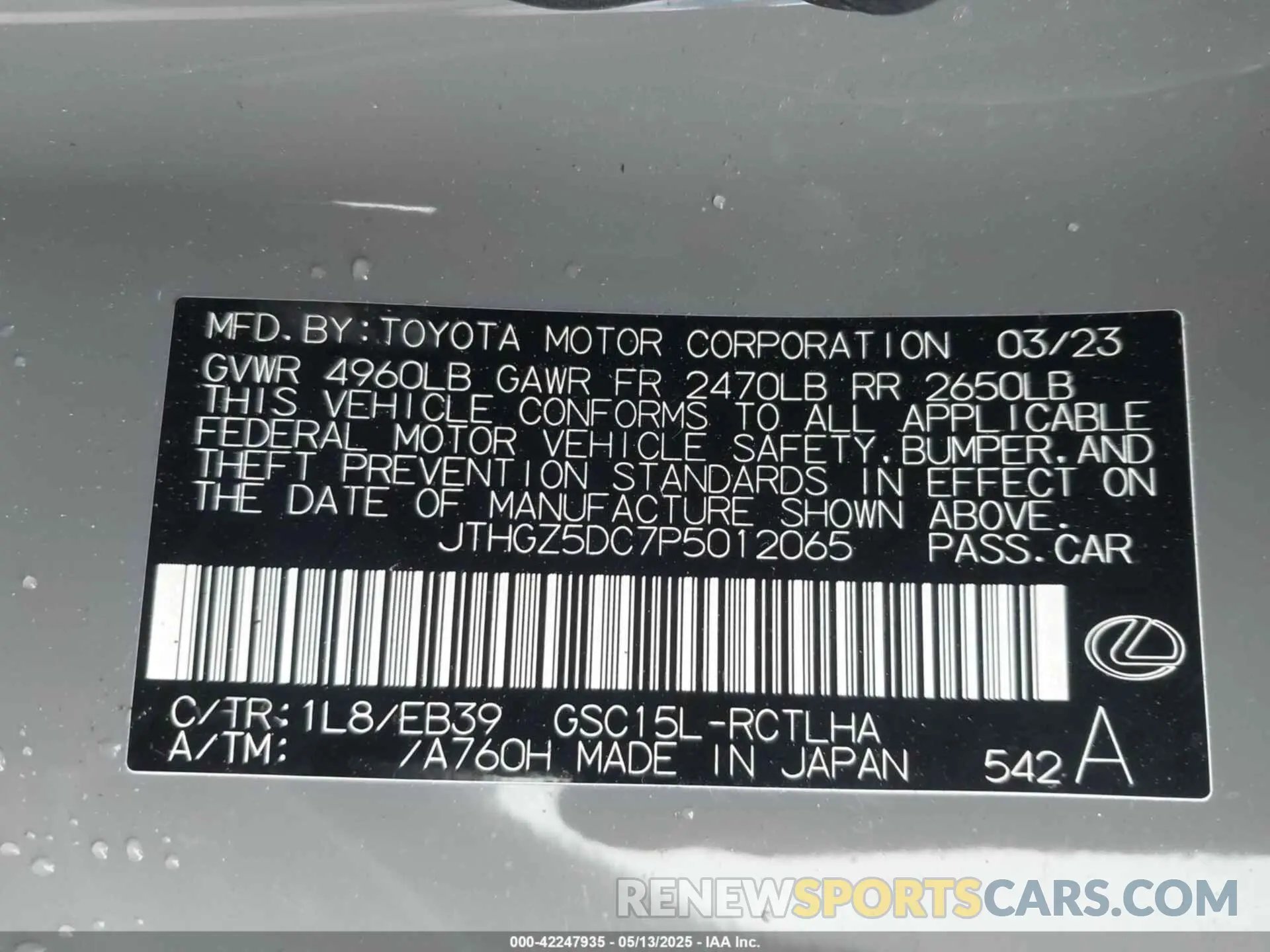 9 Photograph of a damaged car JTHGZ5DC7P5012065 LEXUS RC 350 2023