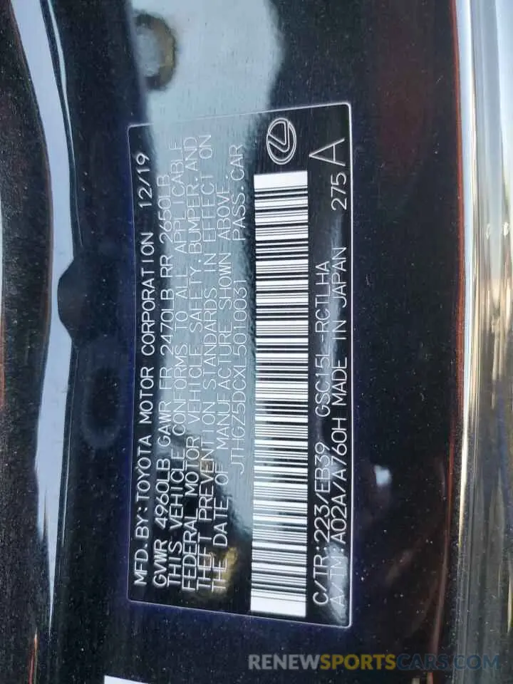 12 Photograph of a damaged car JTHGZ5DCXL5010031 LEXUS RC 350 F S 2020
