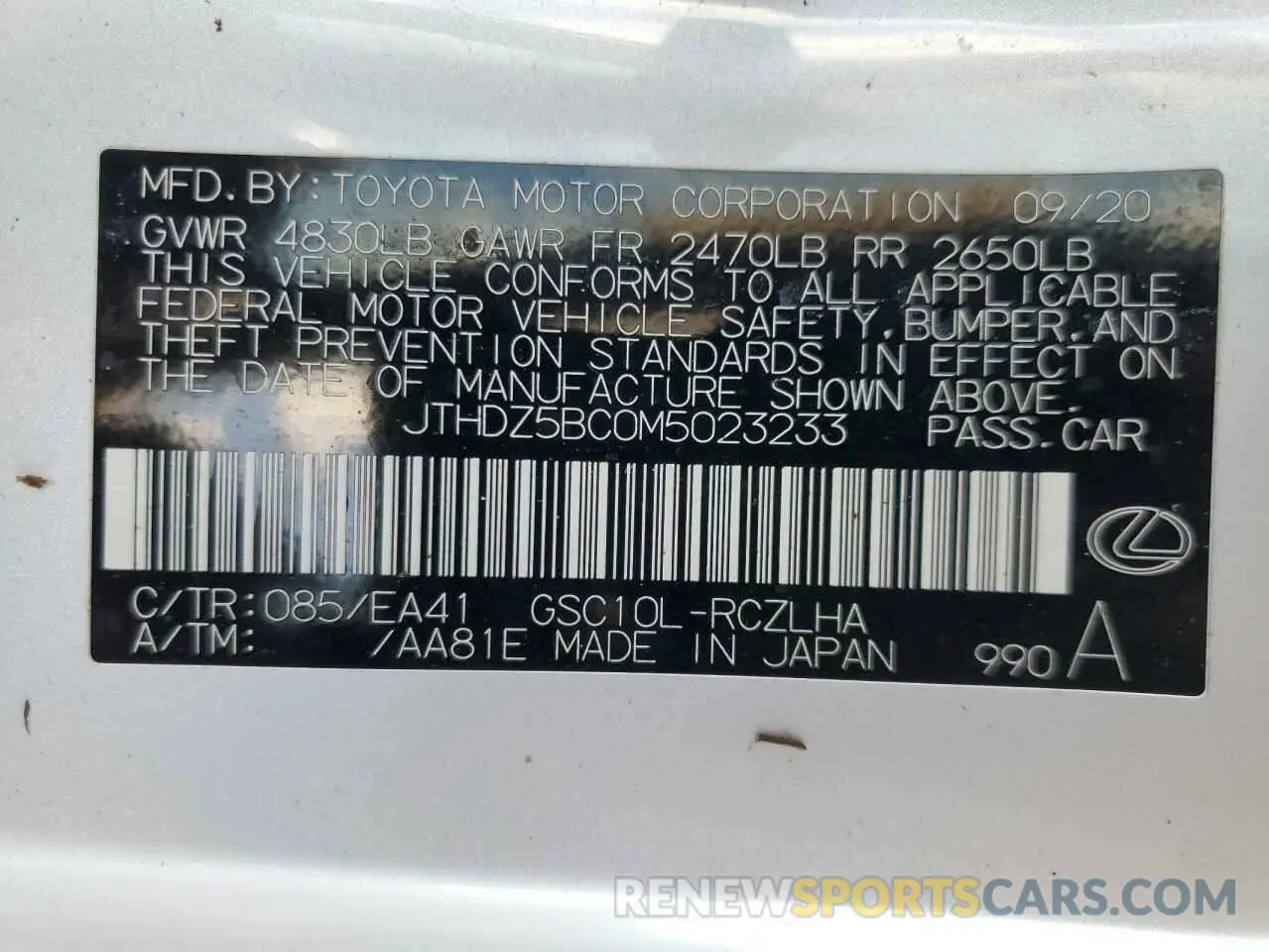 12 Photograph of a damaged car JTHDZ5BC0M5023233 LEXUS RC350 2021