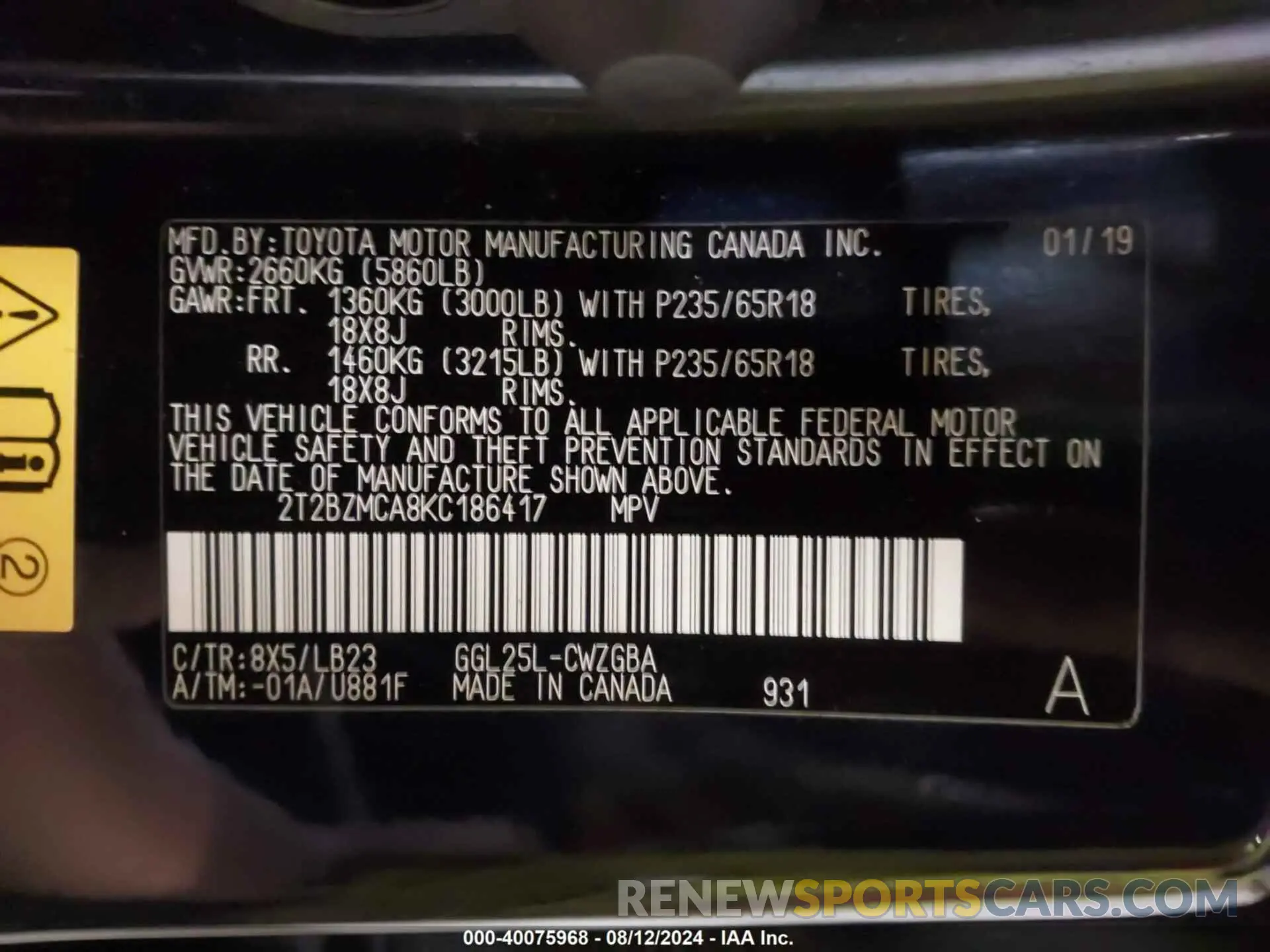 9 Photograph of a damaged car 2T2BZMCA8KC186417 LEXUS RX 350 2019