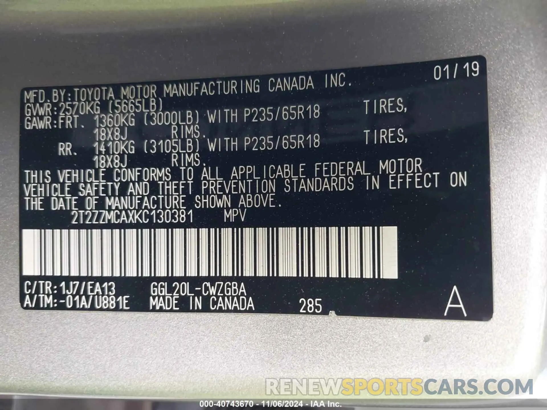 9 Photograph of a damaged car 2T2ZZMCAXKC130381 LEXUS RX 350 2019
