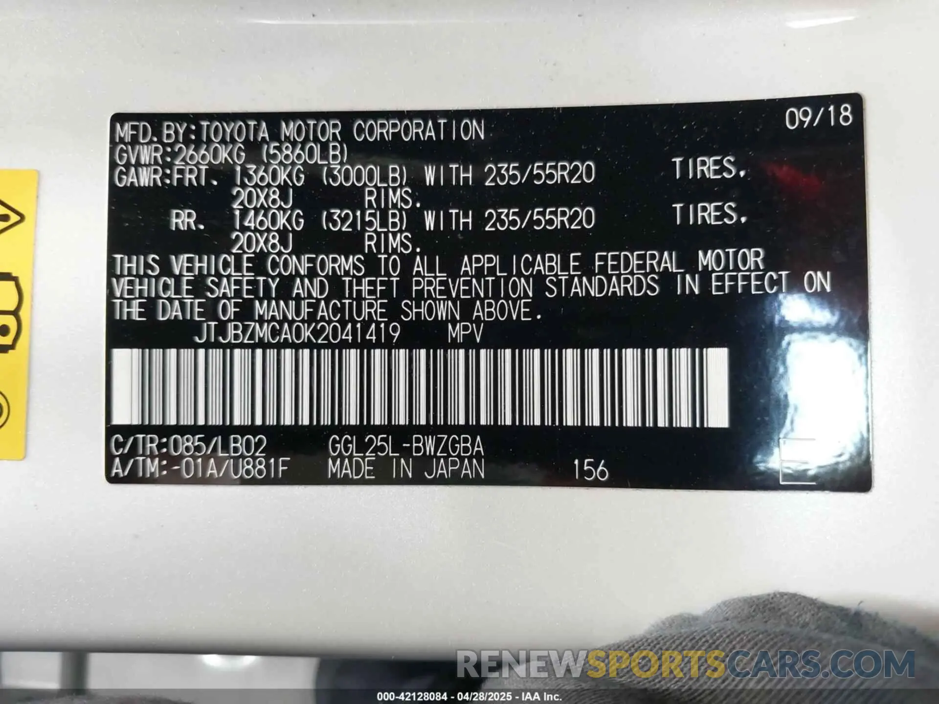 9 Photograph of a damaged car JTJBZMCA0K2041419 LEXUS RX 350 2019