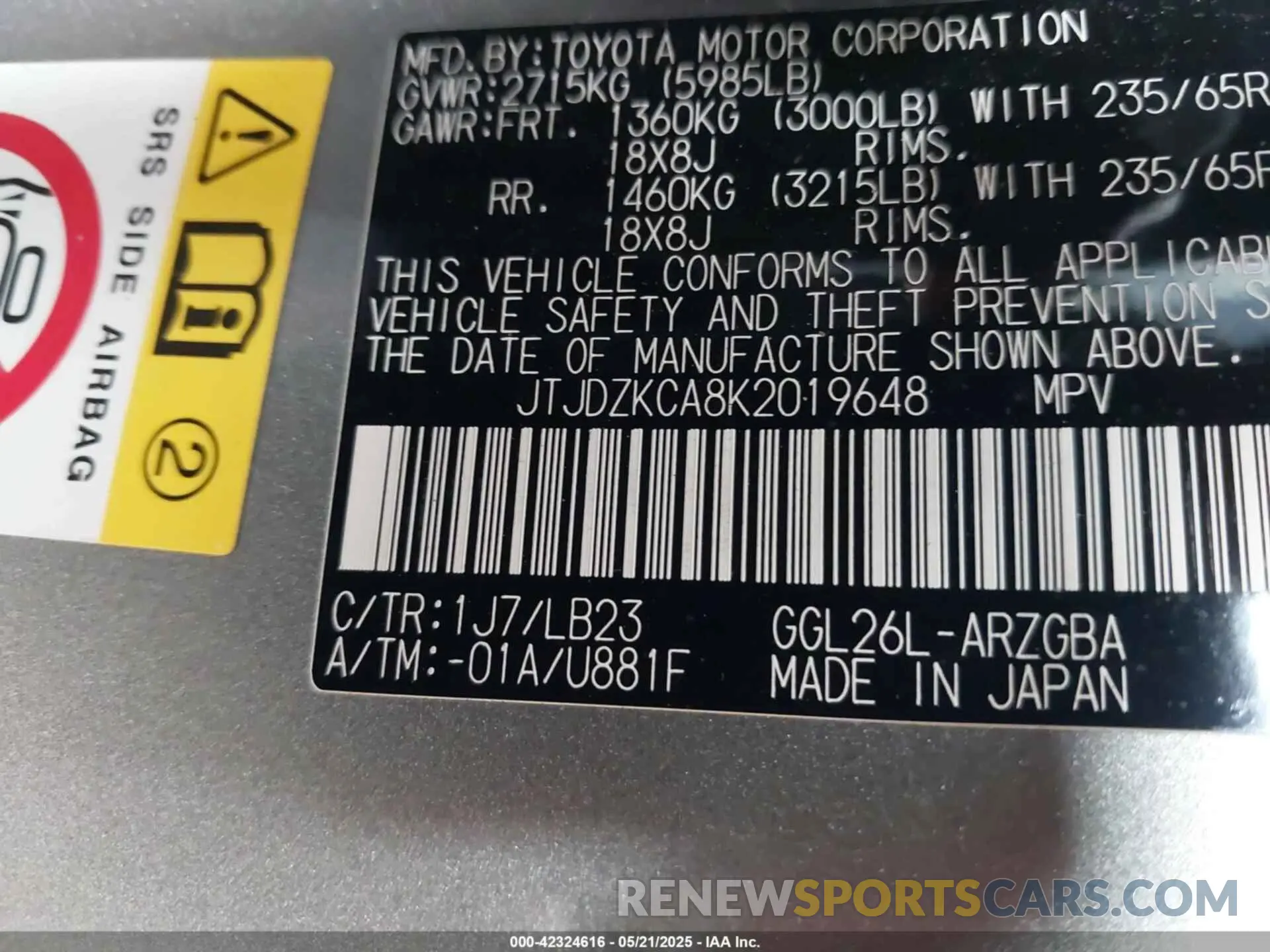 9 Photograph of a damaged car JTJDZKCA8K2019648 LEXUS RX 350L 2019