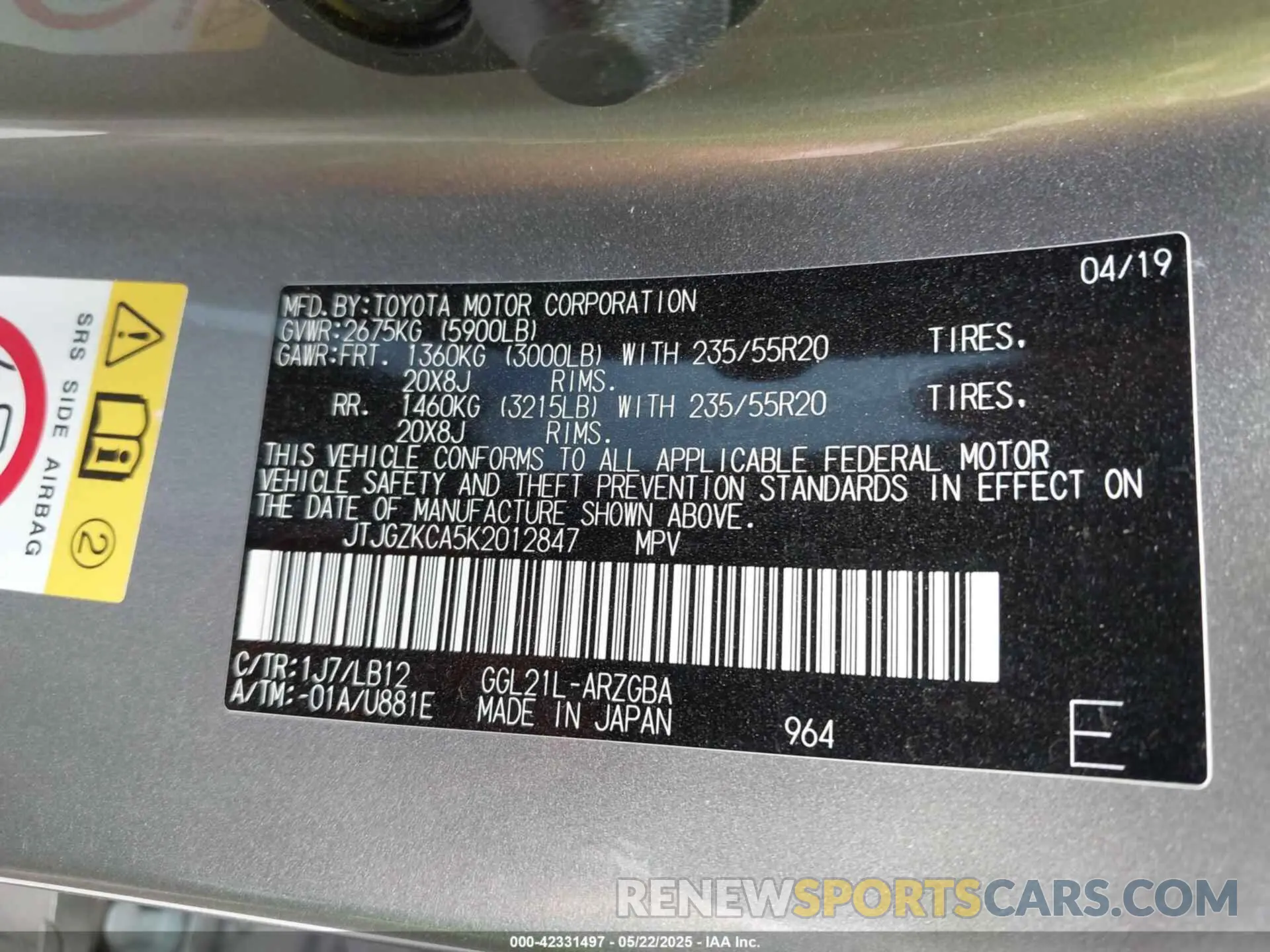 9 Photograph of a damaged car JTJGZKCA5K2012847 LEXUS RX 350L 2019