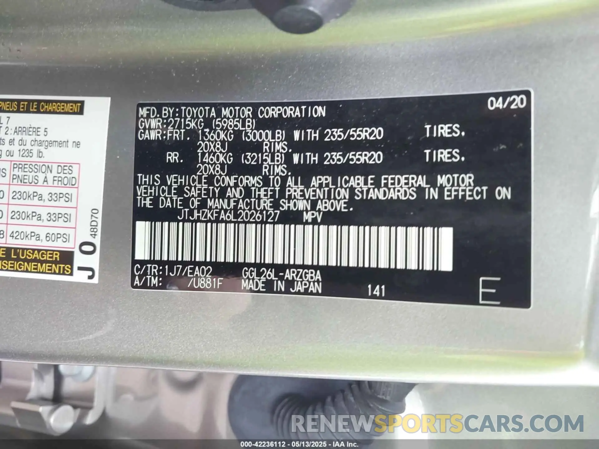 9 Photograph of a damaged car JTJHZKFA6L2026127 LEXUS RX 350L 2020