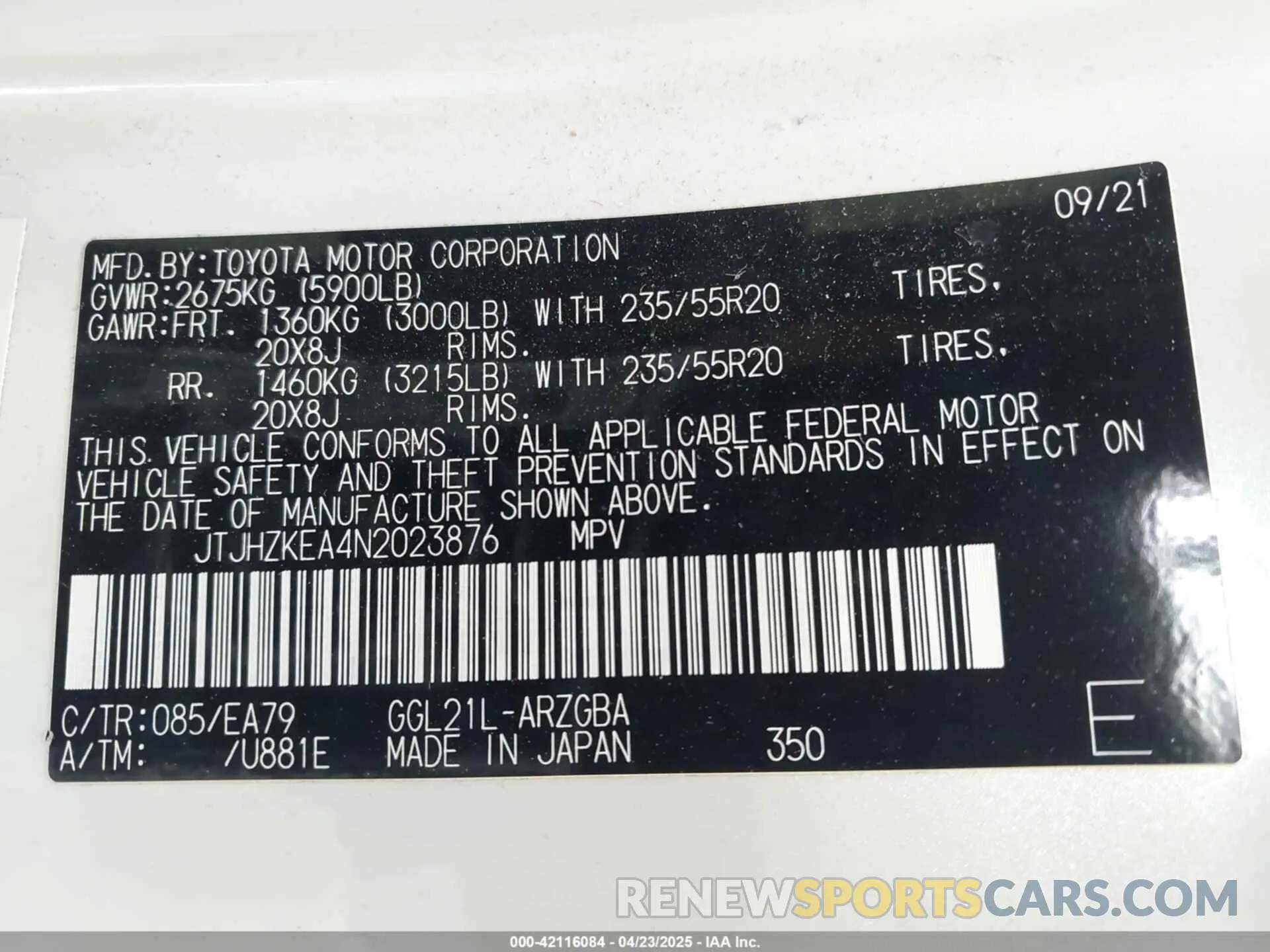 9 Photograph of a damaged car JTJHZKEA4N2023876 LEXUS RX 350L 2022