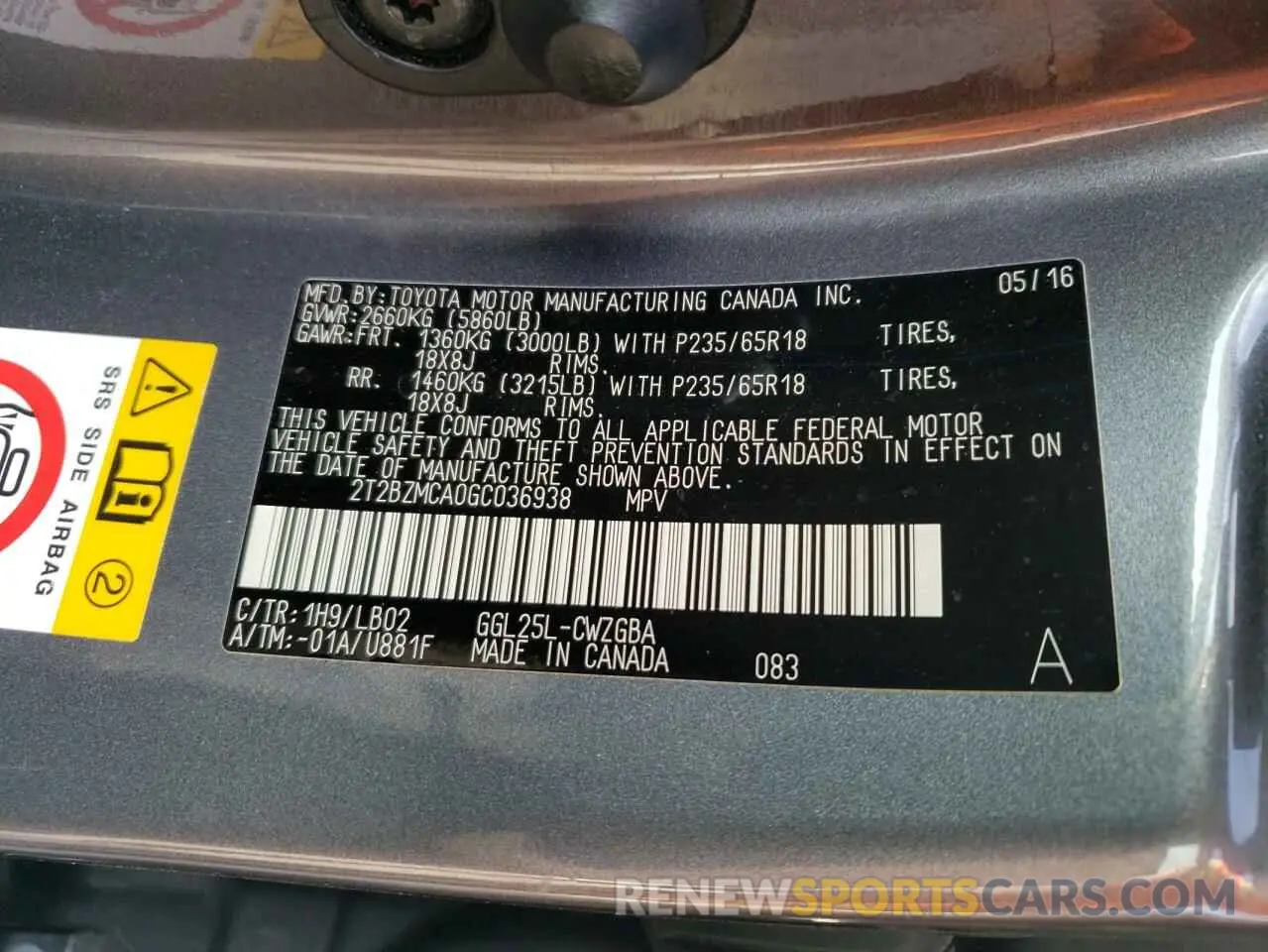 12 Photograph of a damaged car 2T2BZMCA0GC036938 LEXUS RX350 2016