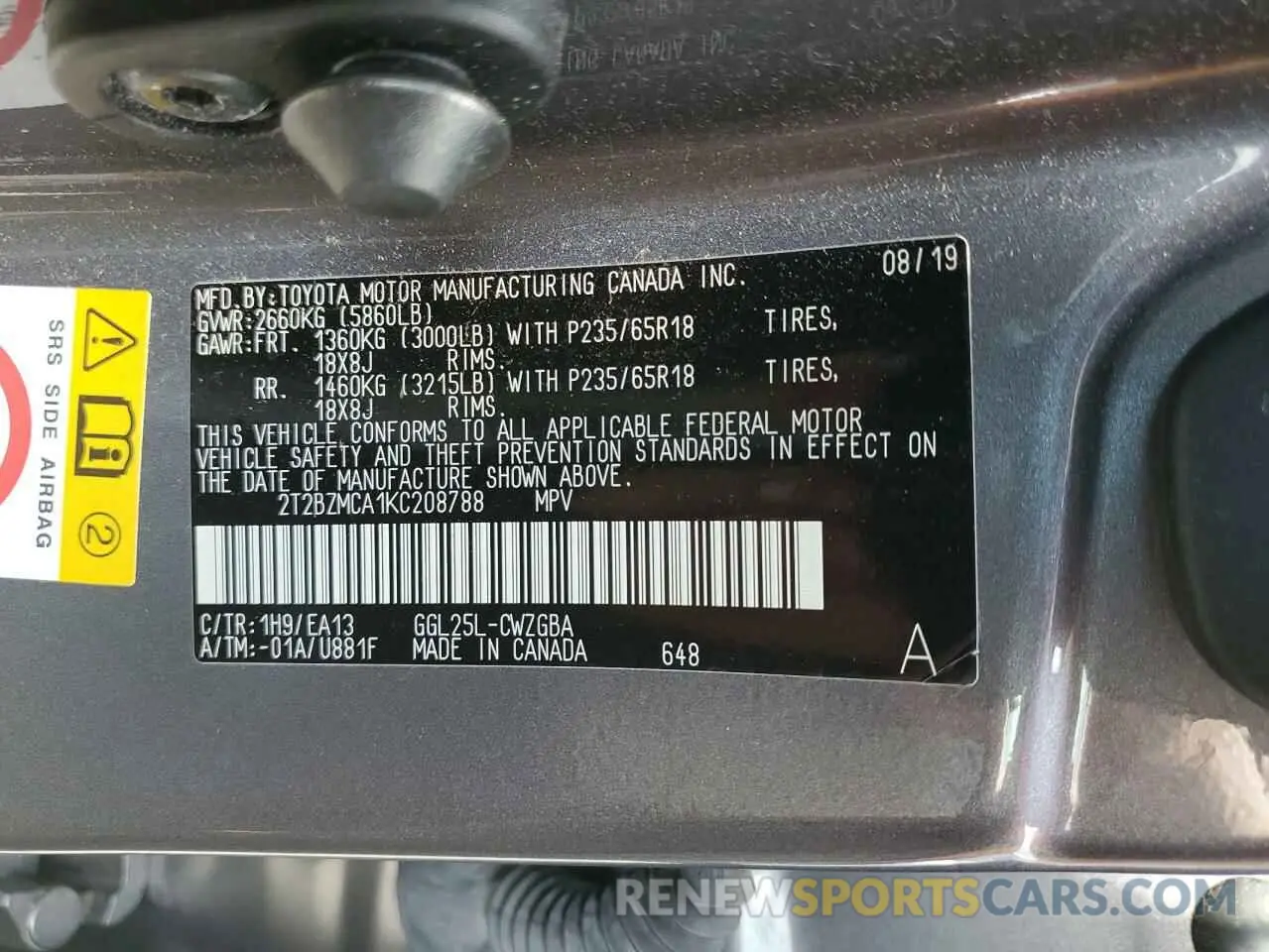14 Photograph of a damaged car 2T2BZMCA1KC208788 LEXUS RX350 2019