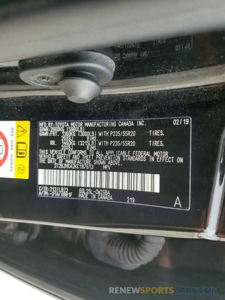 13 Photograph of a damaged car 2T2BZMCA2KC187613 LEXUS RX350 2019