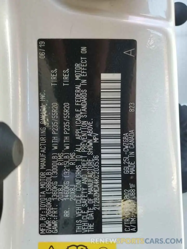 13 Photograph of a damaged car 2T2BZMCA4KC203536 LEXUS RX350 2019