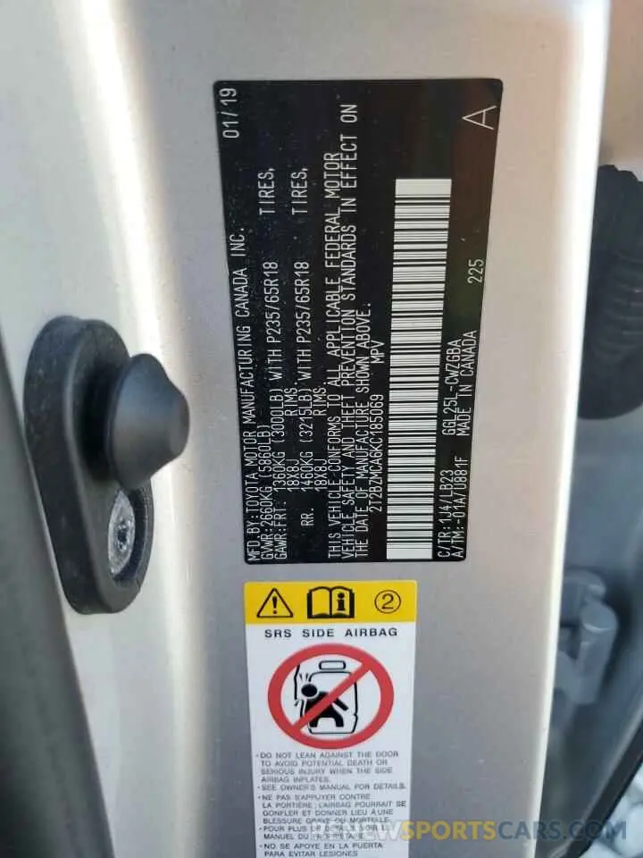 13 Photograph of a damaged car 2T2BZMCA6KC185069 LEXUS RX350 2019