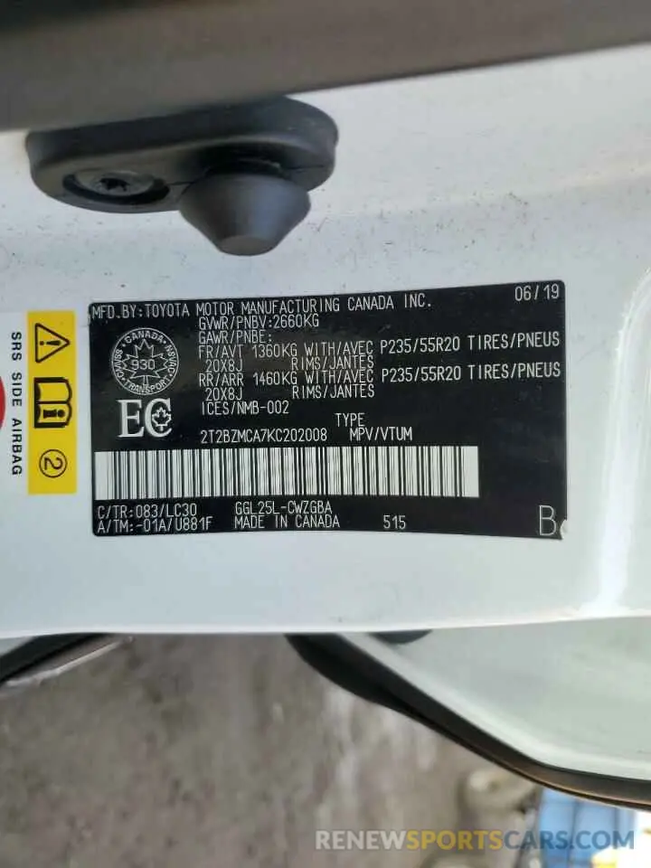 14 Photograph of a damaged car 2T2BZMCA7KC202008 LEXUS RX350 2019