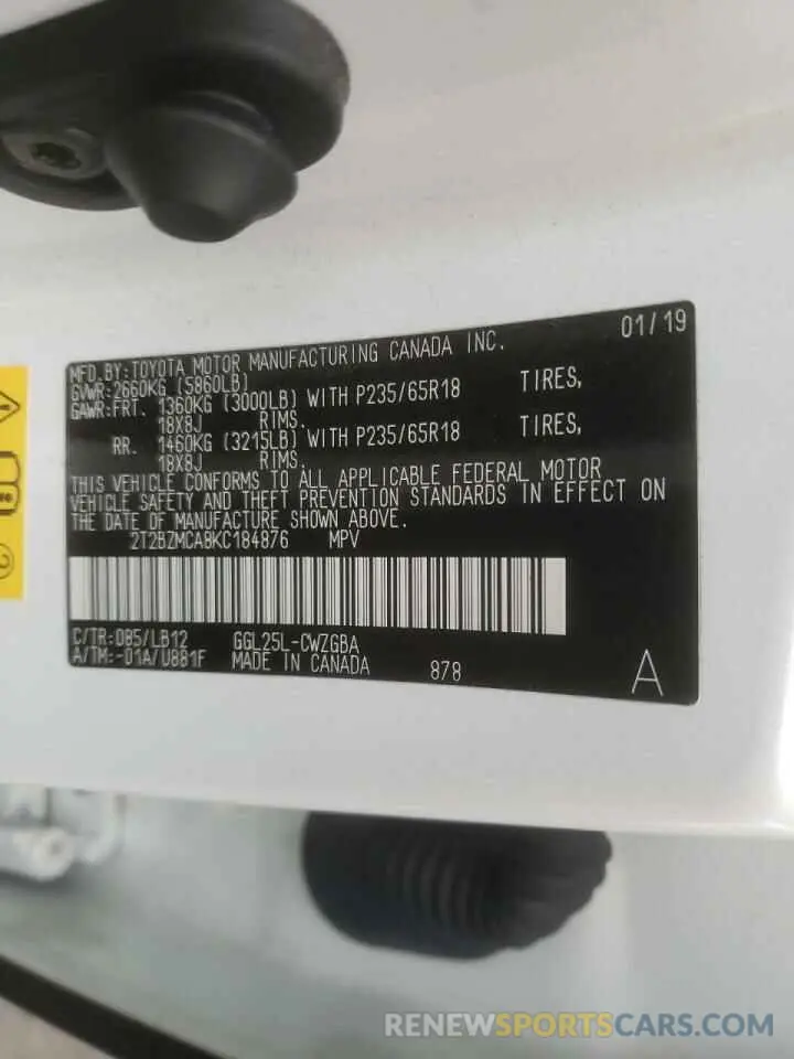 10 Photograph of a damaged car 2T2BZMCA8KC184876 LEXUS RX350 2019