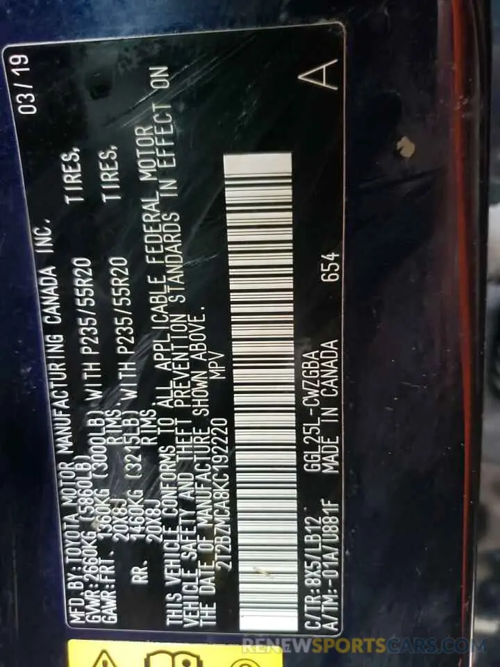 10 Photograph of a damaged car 2T2BZMCA8KC192220 LEXUS RX350 2019