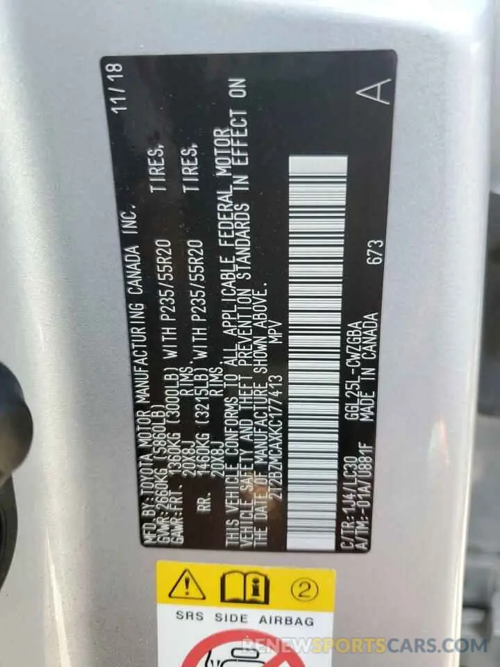 13 Photograph of a damaged car 2T2BZMCAXKC177413 LEXUS RX350 2019