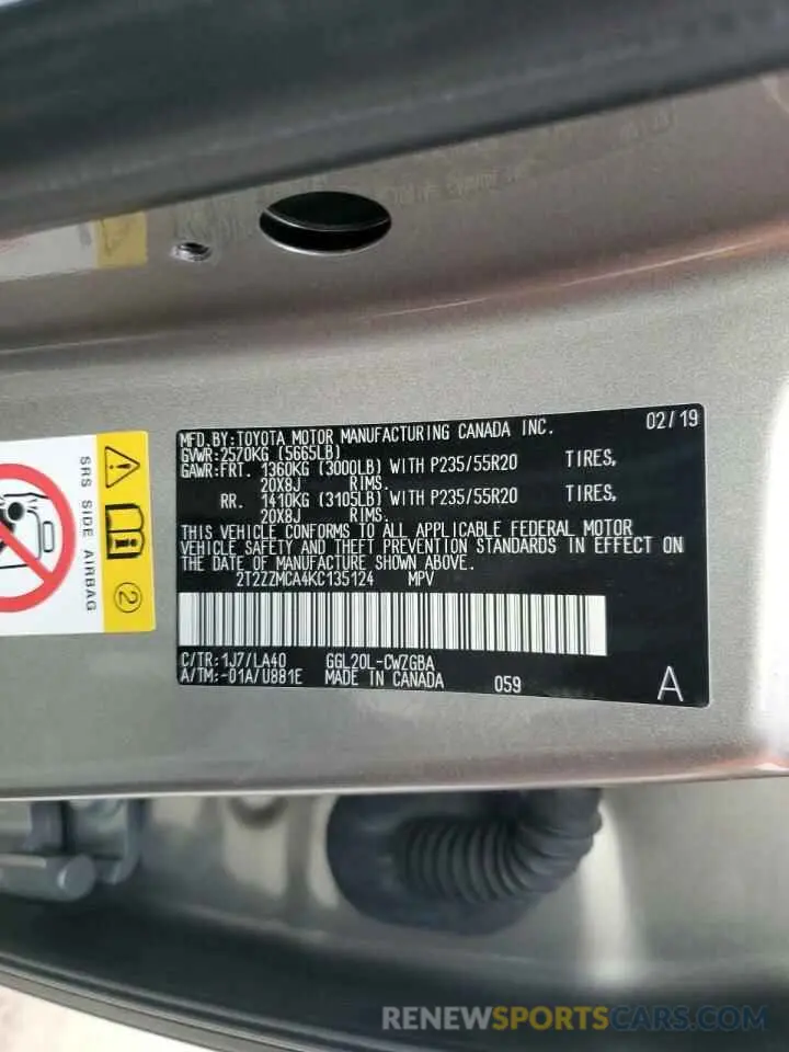 14 Photograph of a damaged car 2T2ZZMCA4KC135124 LEXUS RX350 2019