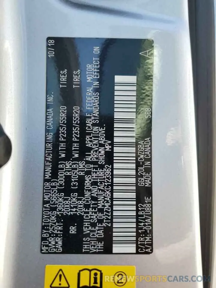 14 Photograph of a damaged car 2T2ZZMCA6KC123962 LEXUS RX350 2019