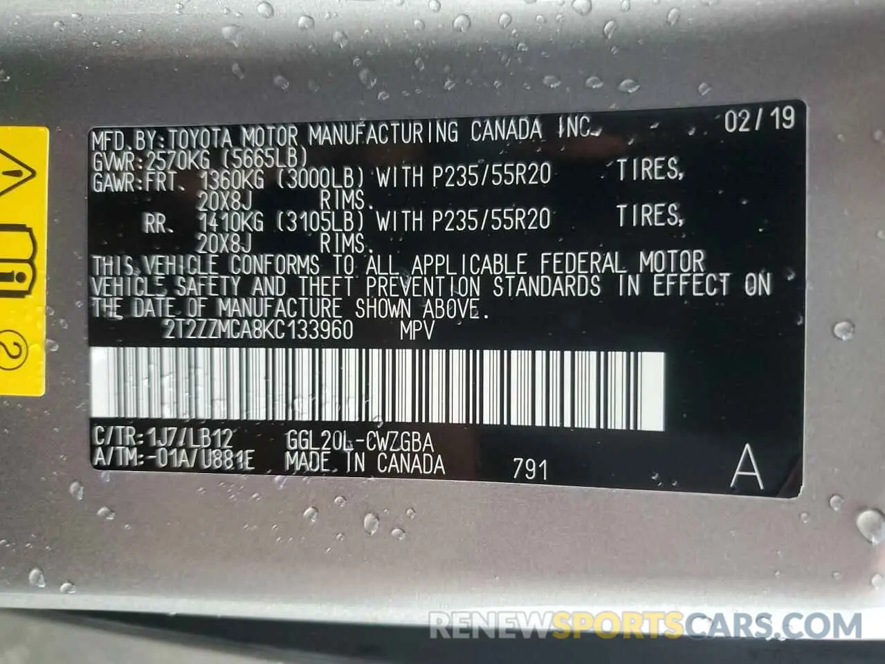 13 Photograph of a damaged car 2T2ZZMCA8KC133960 LEXUS RX350 2019