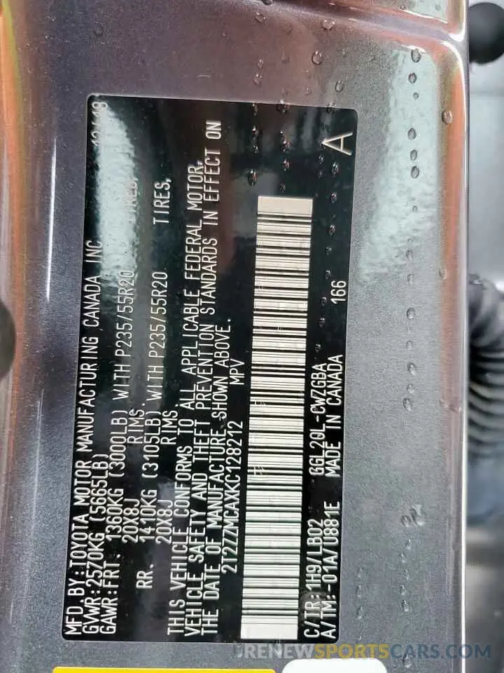 13 Photograph of a damaged car 2T2ZZMCAXKC128212 LEXUS RX350 2019