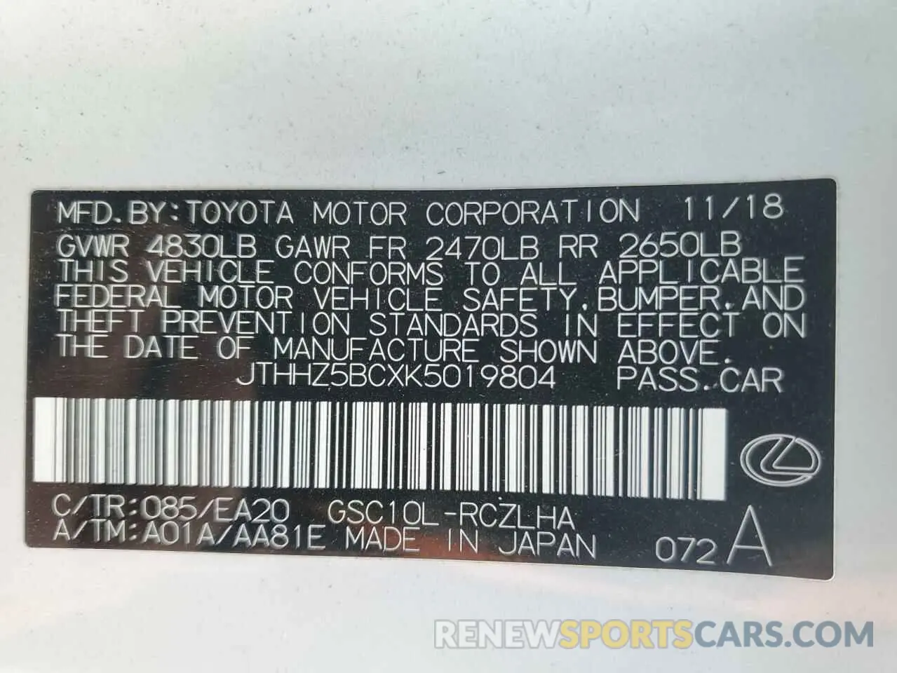 13 Photograph of a damaged car JTHHZ5BCXK5019804 LEXUS RX350 2019