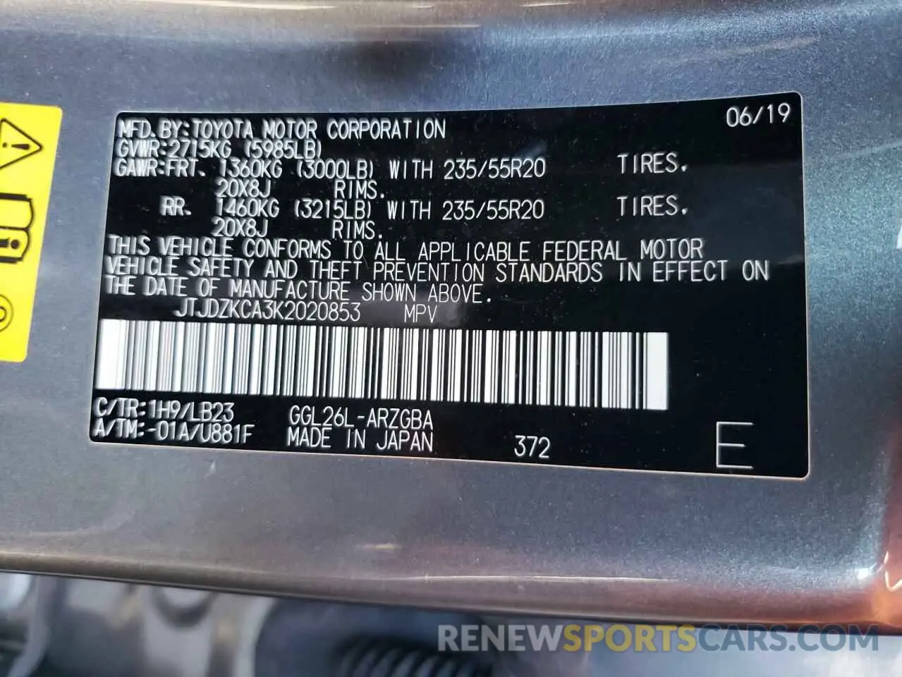 13 Photograph of a damaged car JTJDZKCA3K2020853 LEXUS RX350 2019