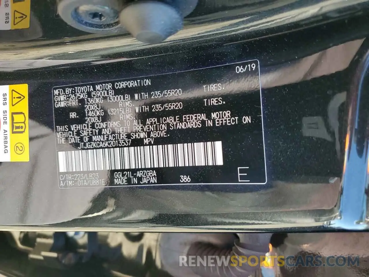 13 Photograph of a damaged car JTJGZKCA6K2013537 LEXUS RX350 2019