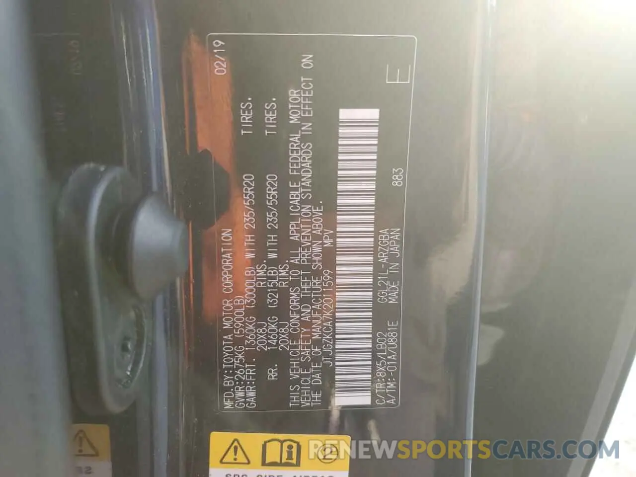 13 Photograph of a damaged car JTJGZKCA7K2011599 LEXUS RX350 2019