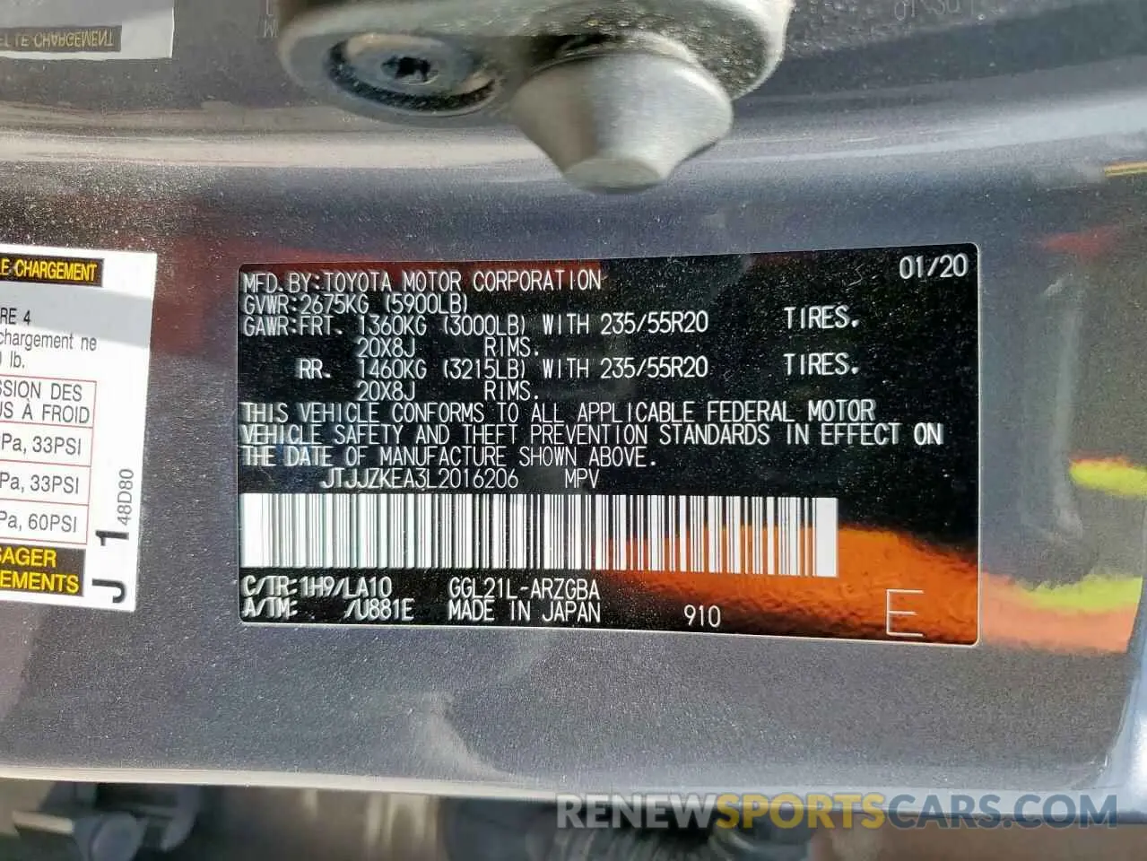 13 Photograph of a damaged car JTJJZKEA3L2016206 LEXUS RX350 2020