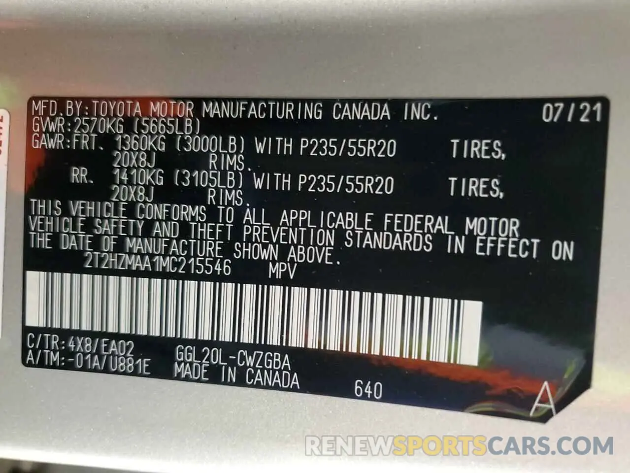 12 Photograph of a damaged car 2T2HZMAA1MC215546 LEXUS RX350 2021