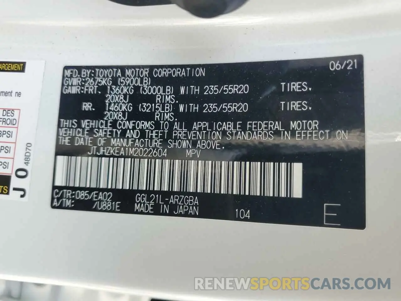 13 Photograph of a damaged car JTJHZKEA1M2022604 LEXUS RX350 2021