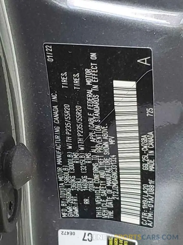 13 Photograph of a damaged car 2T2JZMDA6NC331324 LEXUS RX350 2022