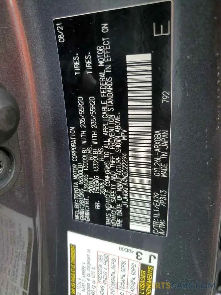 13 Photograph of a damaged car JTJHGKFA4N2022294 LEXUS RX450 2022