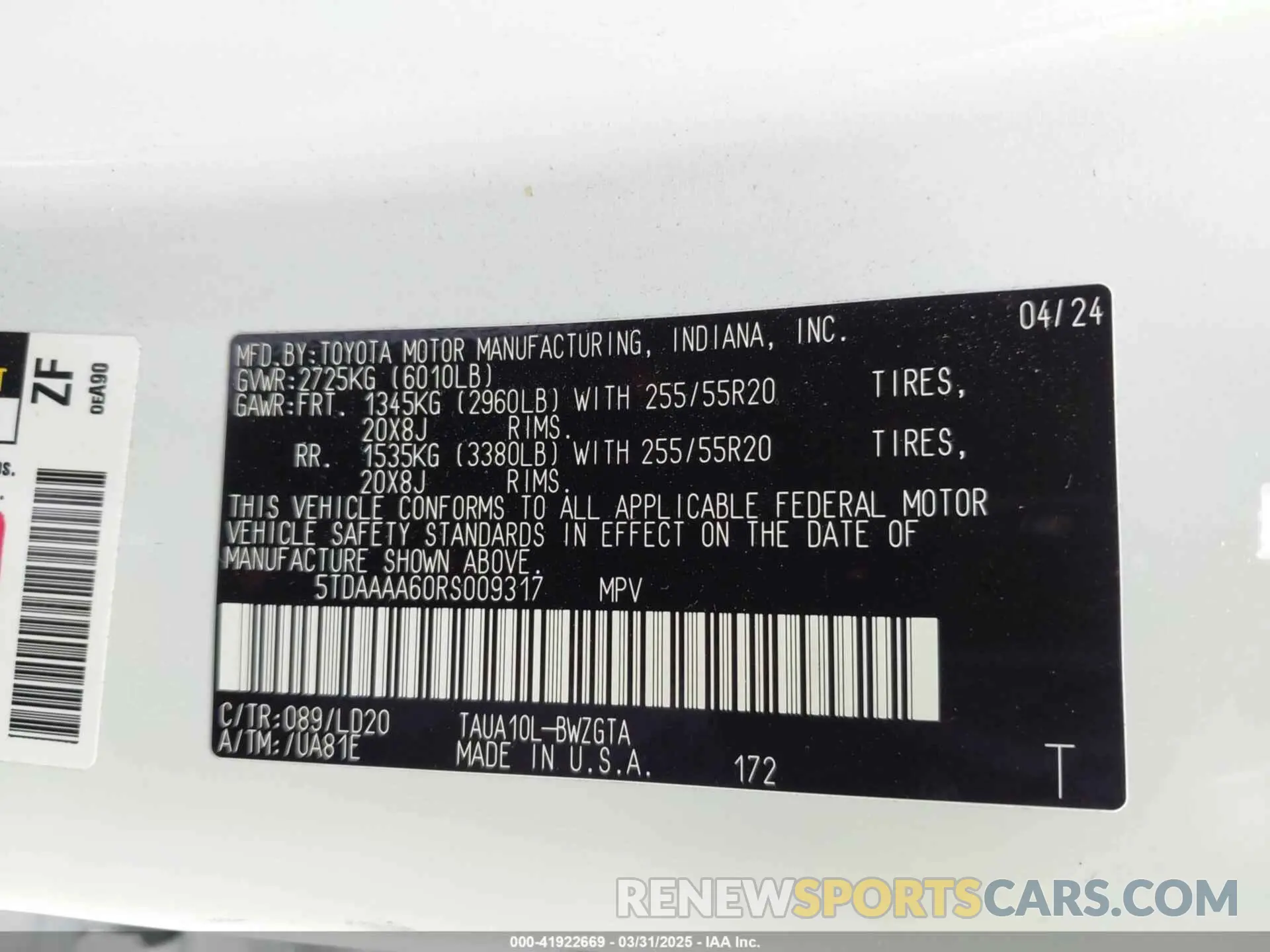 9 Photograph of a damaged car 5TDAAAA60RS009317 LEXUS TX 350 2024