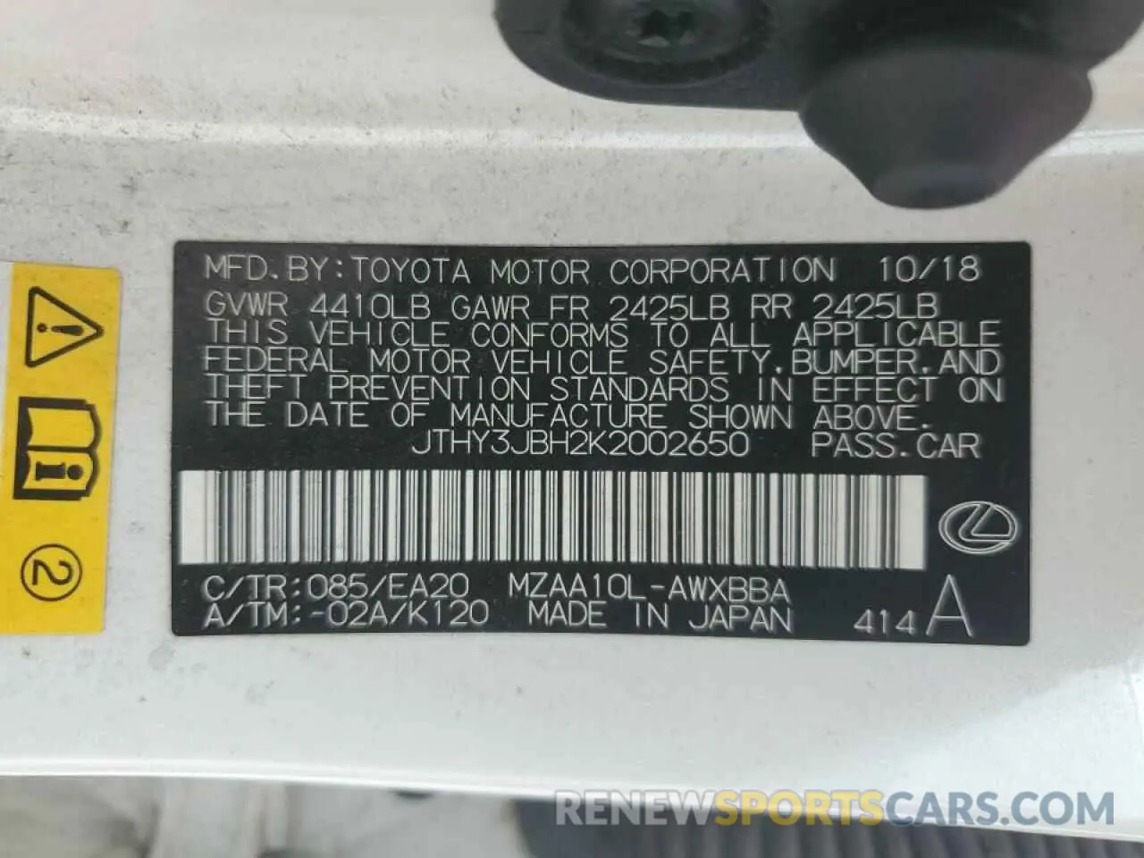 13 Photograph of a damaged car JTHY3JBH2K2002650 LEXUS UX 200 2019