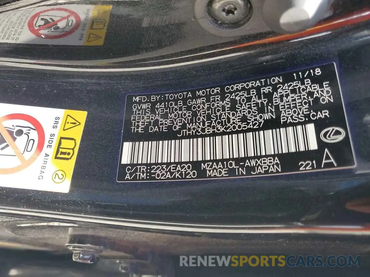 13 Photograph of a damaged car JTHY3JBH3K2005427 LEXUS UX 200 2019
