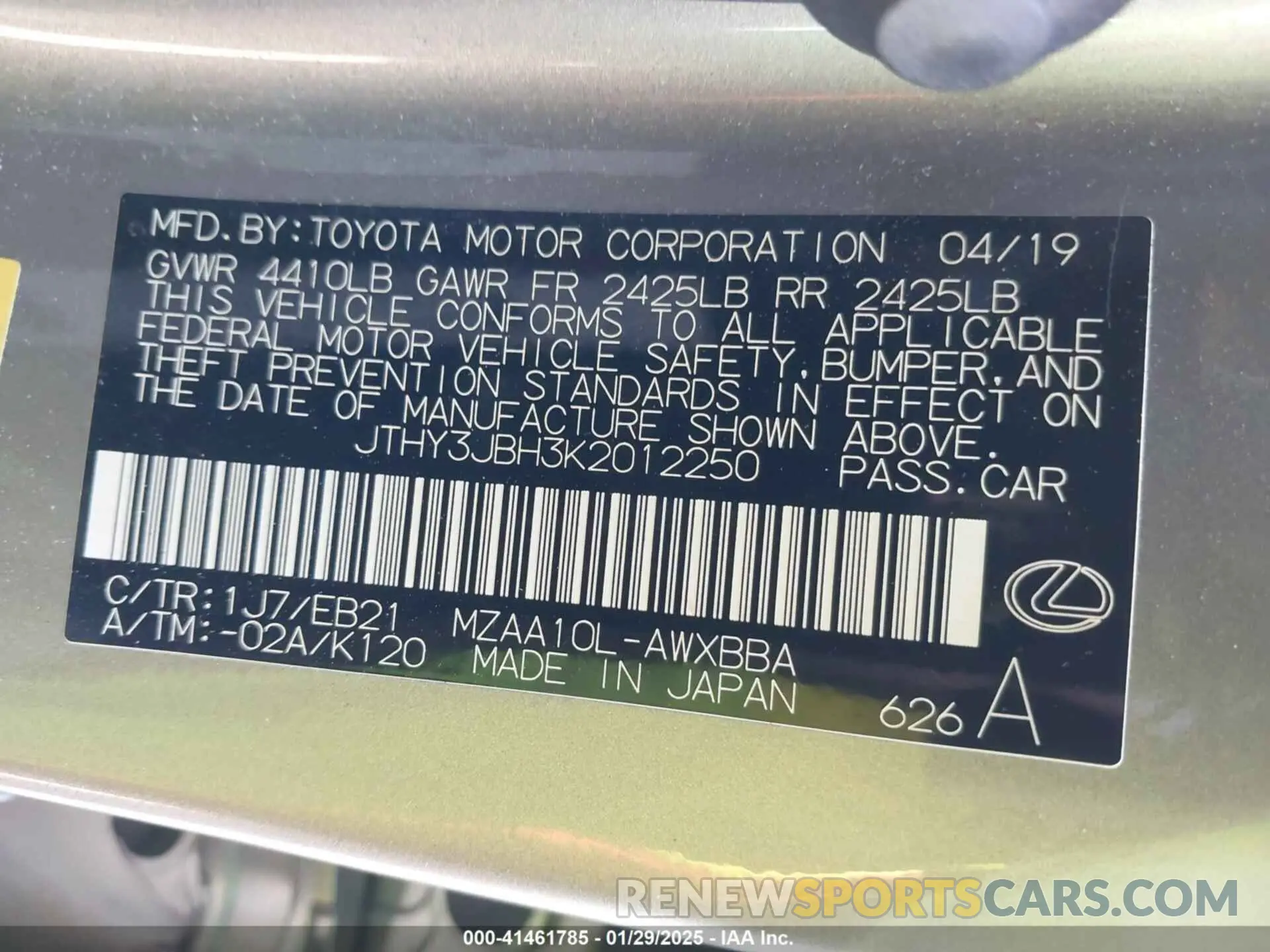 9 Photograph of a damaged car JTHY3JBH3K2012250 LEXUS UX 200 2019